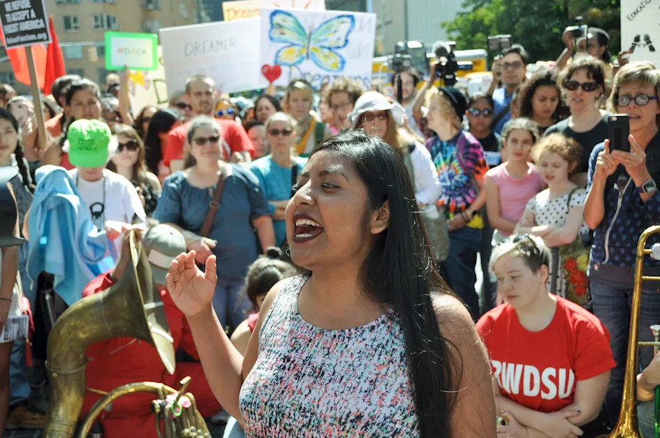 Catalina "Xochitl" Santiago speaks outside among protestors (Courtesy Anabel Mendoza)