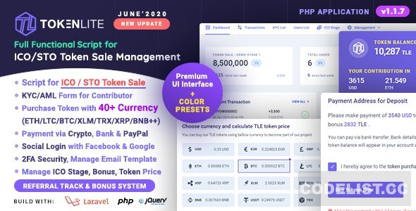 TokenLite v1.1.3 - ICO / STO Token Sale Management Dashboard - ICO Admin Script