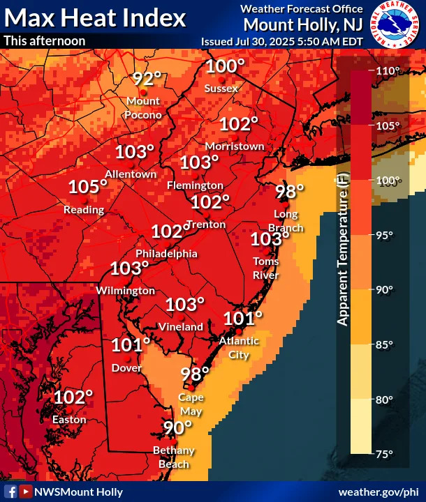 A heat advisory will in effect for northern Delaware, most of New Jersey and eastern Pennsylvania on July 30 as temperatures continue to rise through July 30.