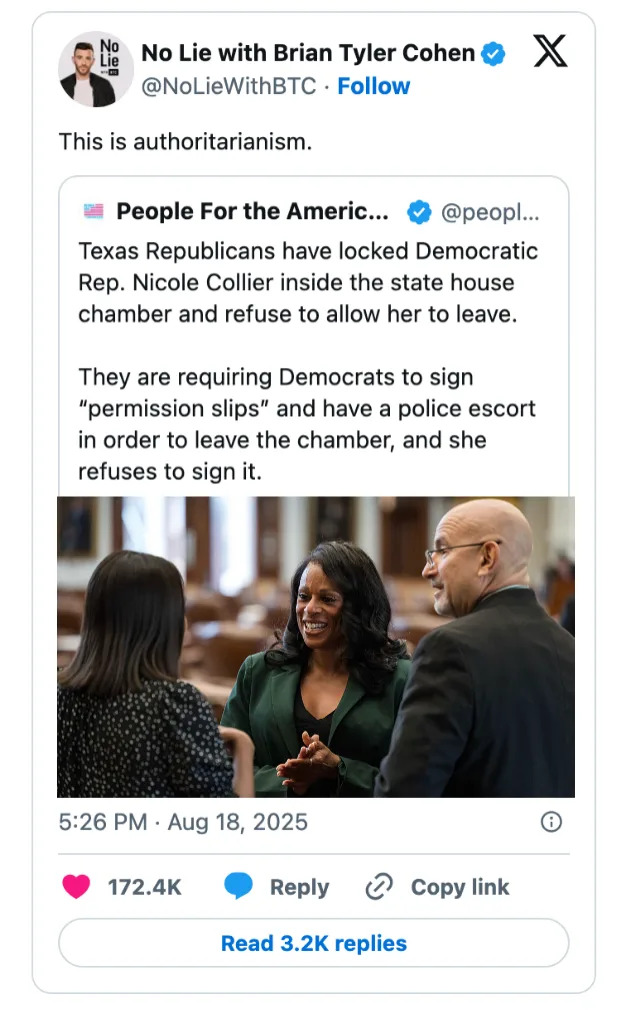 Twitter post from No Lie with Brian Tyler Cohen about Texas Republicans allegedly locking Rep. Nicole Collier inside the state house