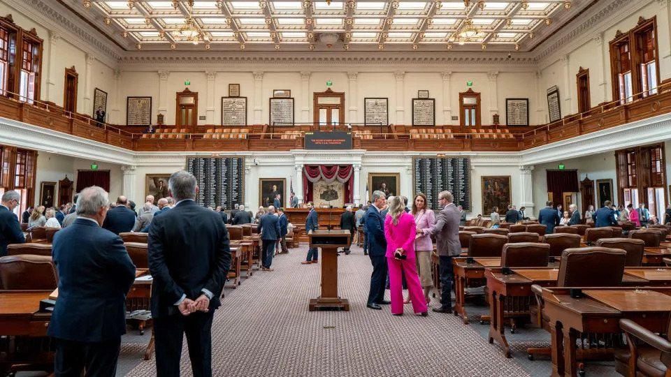 Lawmakers and elected officials speak after a House meeting at the state Capitol on Tuesday. - Brandon Bell/Getty Images