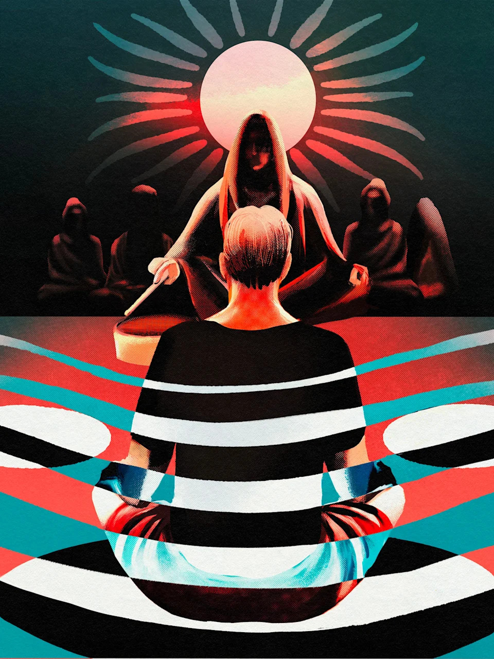 An illustrated scene of a figure in a yoga pose surrounded by shadowy figures in front of a sun mural