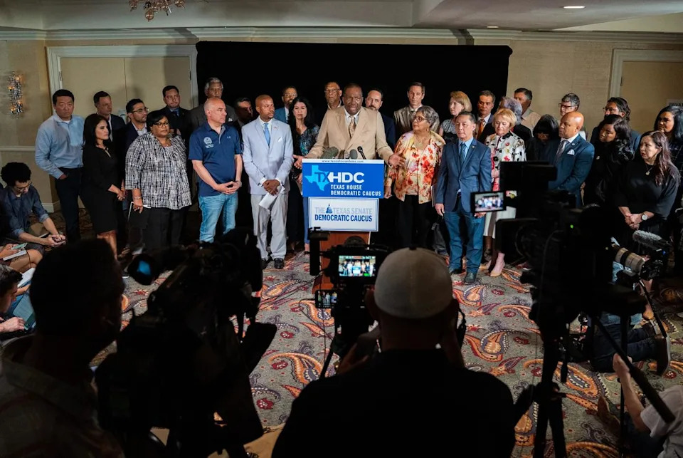 Democratic members of the Texas House and Senate gather for a joint press event to update Texans on their work in Washington to advocate for federal voting rights protections, at the Washington Plaza Hotel on July 14, 2021.