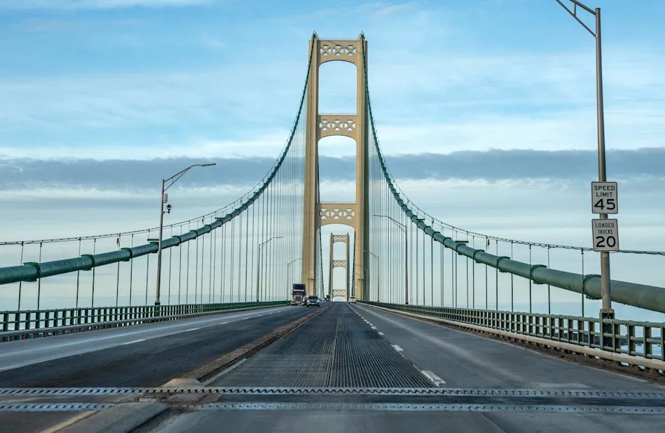 A view of the Mackinac Bridge from the lower peninsula on Wednesday, Feb. 5, 2025.