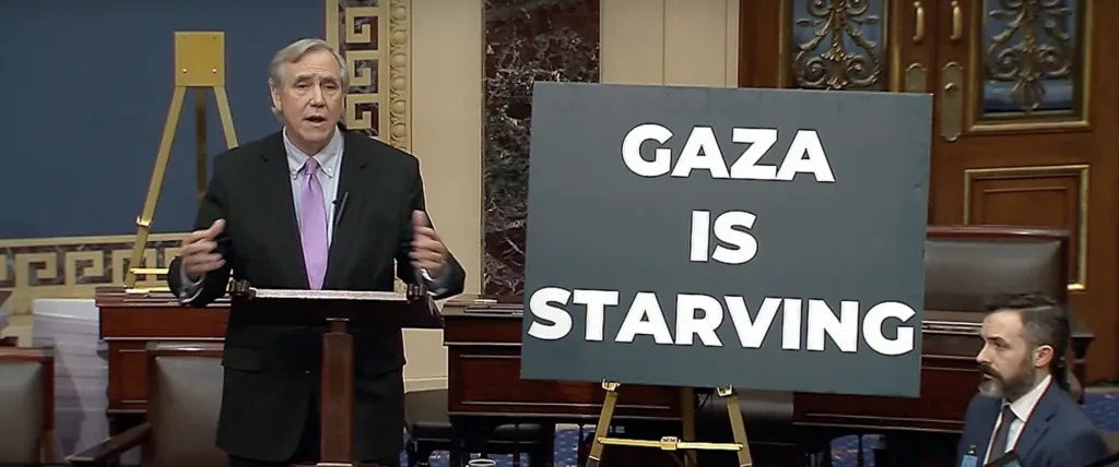 Oregon's U.S. Sen. Jeff Merkley speaks on the floor of the U.S. Senate on July 30, 2025, raising concerns about starvation in Gaza and calling on U.S. leaders to send more humanitarian aid to Palestinians in Gaza. (Screenshot from video/Sen. Jeff Merkley's Office)