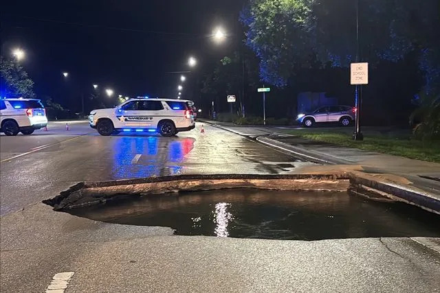 Sarasota County Government Facebook A large hole after a water main break on Bahia Vista Street on Sunday, Aug. 24