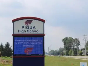 Piqua High School, photographed on July 15, 2025. Their team name is the Indians, one of more than 80 Ohio high schools with Native-themed names and mascots. (Photo by Megan Henry, Ohio Capital Journal).