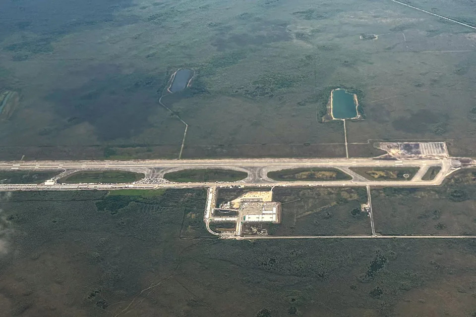 An ariel view of a migrant detention center, dubbed "Alligator Alcatraz," in Ochopee, Fla. on July 7, 2025. (Chandan Khanna / AFP - Getty Images)