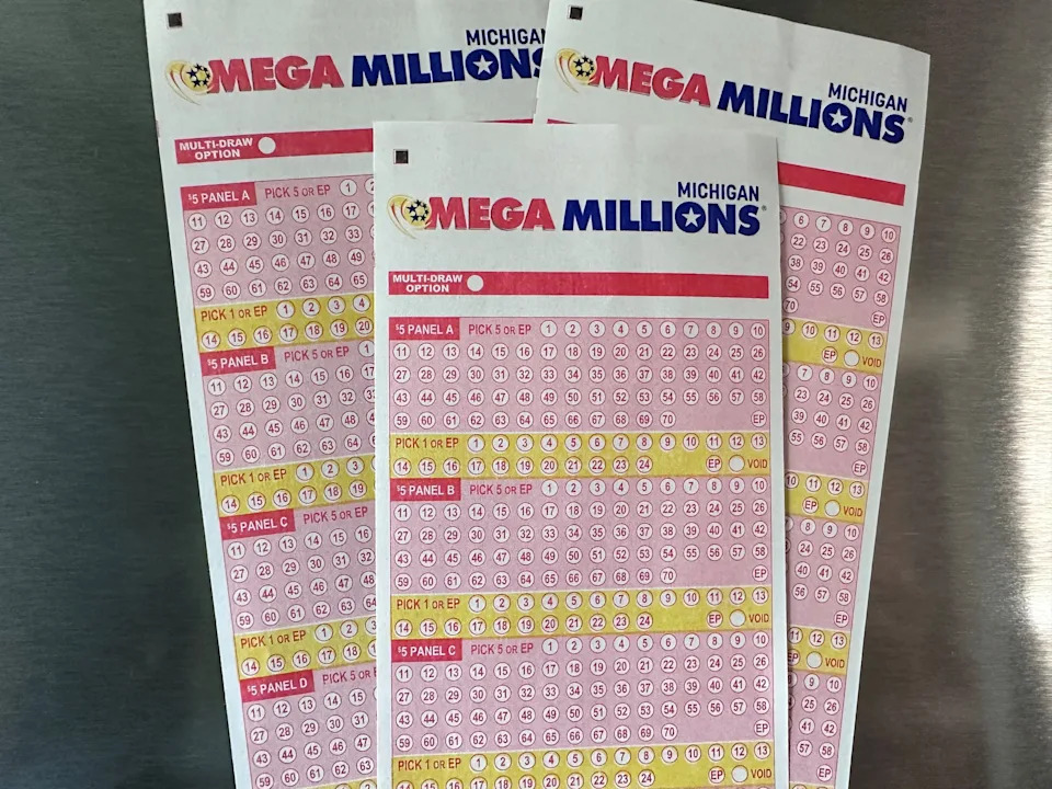 Mega Millions bet slips on Wednesday, April 9, 2025.