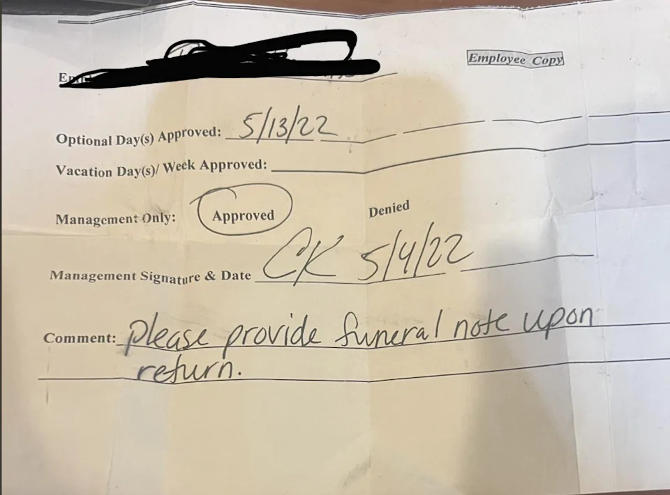 Document for employee leave approval dated 5/4/22. Optional days approved starting 5/13/22. Comment requests funeral note upon return