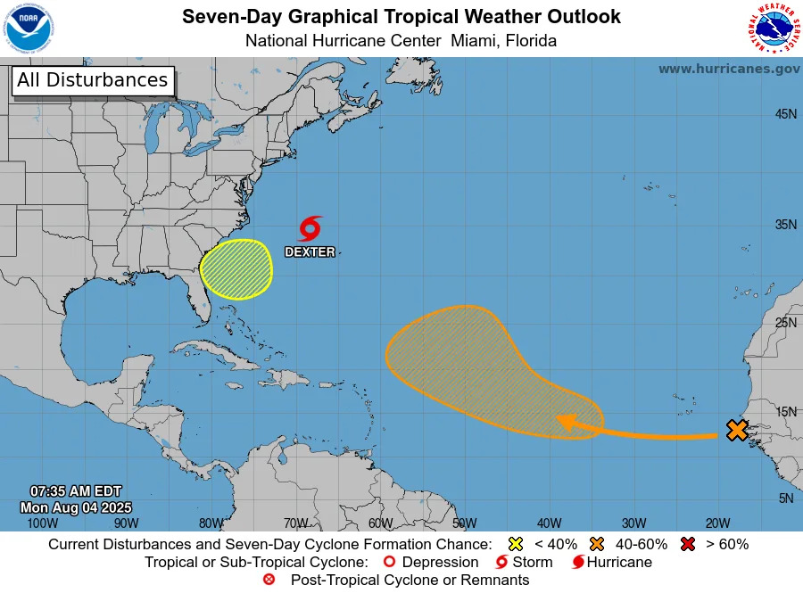 The National Hurricane Center is tracking Tropical Storm Dexter, along with two tropical waves, or tropical disturbances, in the Atlantic basin, shown in the yellow hatched area and orange hatched areas.