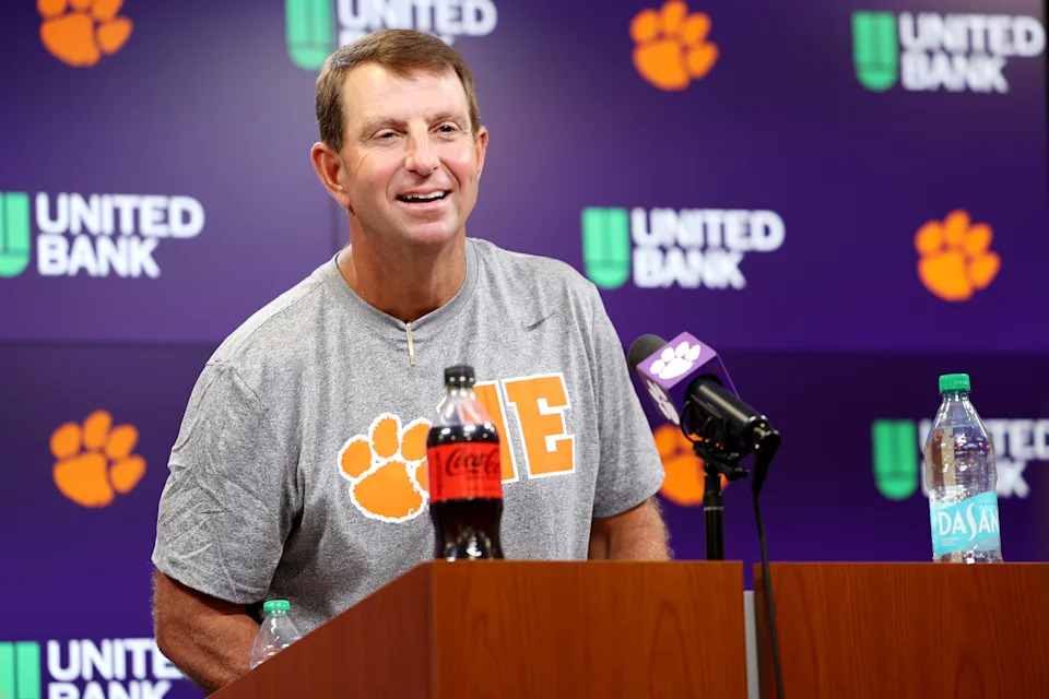 CLEMSON, SOUTH CAROLINA - JULY 31: Head coach Dabo Swinney of the Clemson Tigers smiles back at the media during a press conference at Clemson University on July 31, 2025 in Clemson, South Carolina. (Photo by Katie Januck/Getty Images)