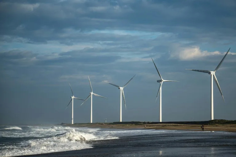 Wind turbines on Nikkawahama Beach in Kamisu city, Ibaraki prefecture. Japan declared in its updated energy plan this year that offshore wind power was a "trump card" in its drive to make renewables its top power source by 2040 (Philip FONG)