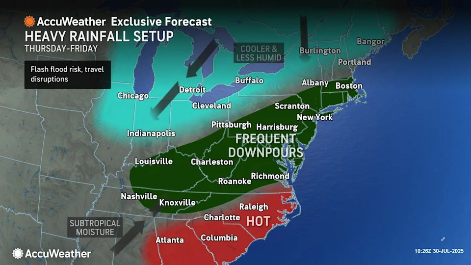 This AccuWeather graphic shows that Massachusetts will be in a zone expecting "frequent downpours" from Thursday night into Friday.