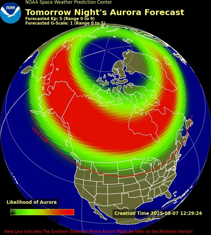 This graphic shows where the auroras may be visible Friday, Aug. 8.