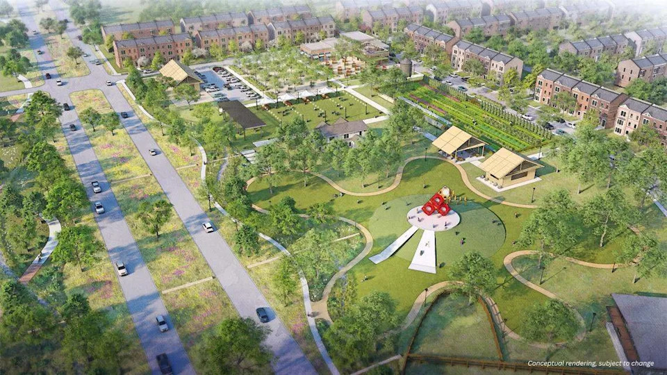 A rendering of the community “hub” at Goodland, a 5,000-acre master planned community on the southern edge of Grand Prairie.