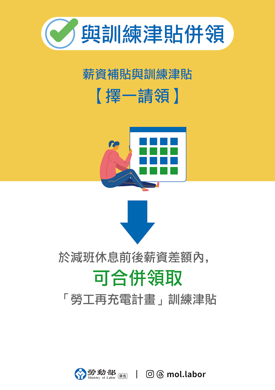 勞動部強化版的僱用安定措施。勞動部提供
