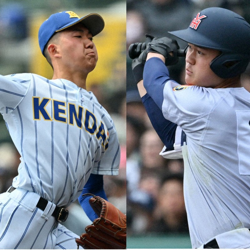 横浜の阿部葉太(右)と健大高崎の石垣元気=いずれも阪神甲子園球場で2025年3月、新宮巳美撮影