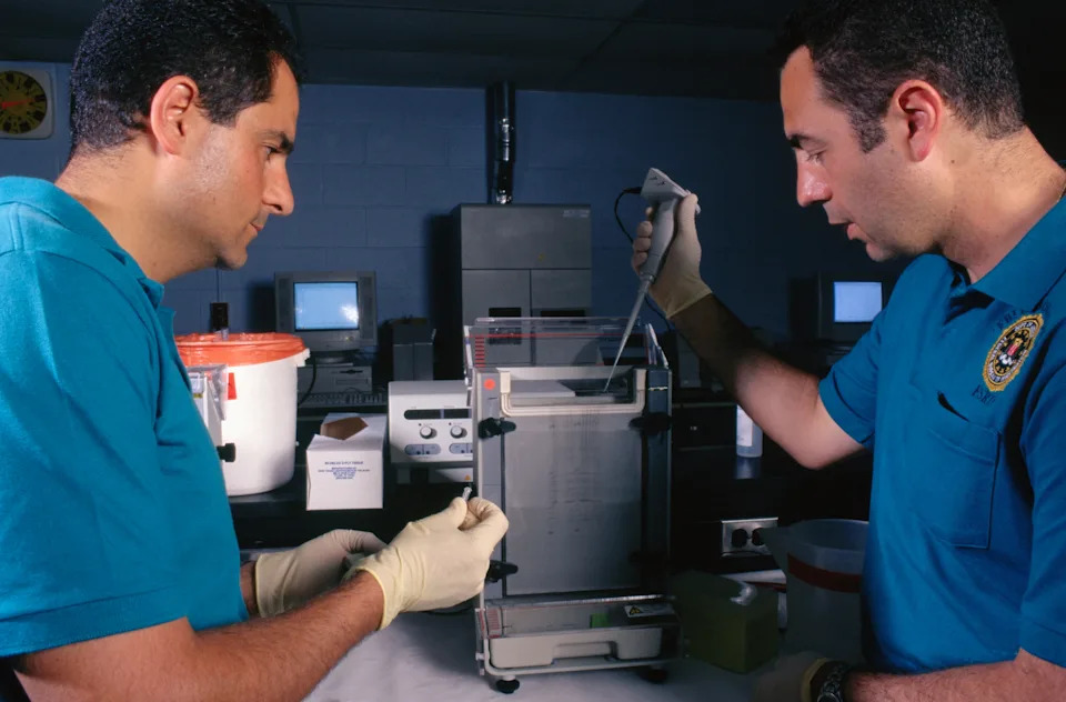 Two lab technicians wearing gloves use scientific equipment in a laboratory setting, focusing on pipetting liquid into a container