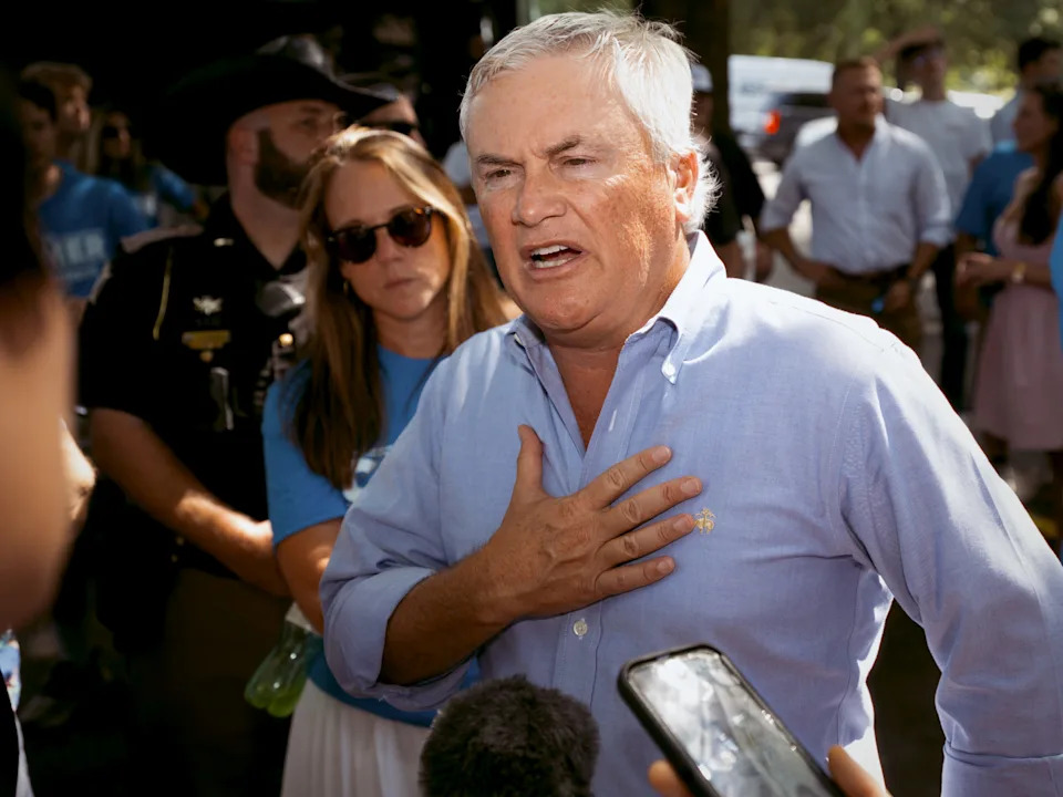  U.S. Rep. James Comer speaks to the media at the Fancy Farm Picnic on Saturday, Aug 2, 2025. (Austin Anthony for the Kentucky Lantern)