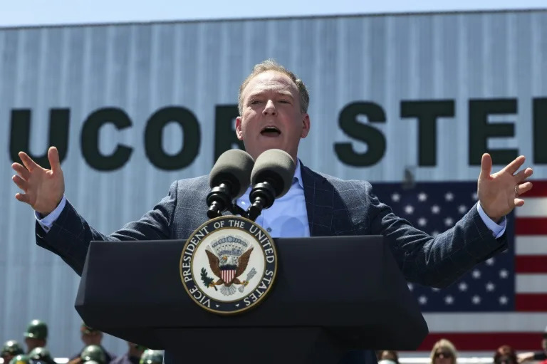 Environmental Protection Agency (EPA) Administrator Lee Zeldin speaks, as he tours Nucor Steel Berkeley with US Vice President JD Vance, in Huger, South Carolina, on May 1, 2025 (Kevin Lamarque)