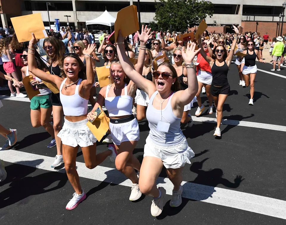 Seventeen sororities welcomed new members on the University of Alabama Panhellenic Association Bid Day Sunday, Aug. 18, 2024. New Kappa Delta members run from Bryant-Denny Stadium where the bids were opened to their new sorority house.