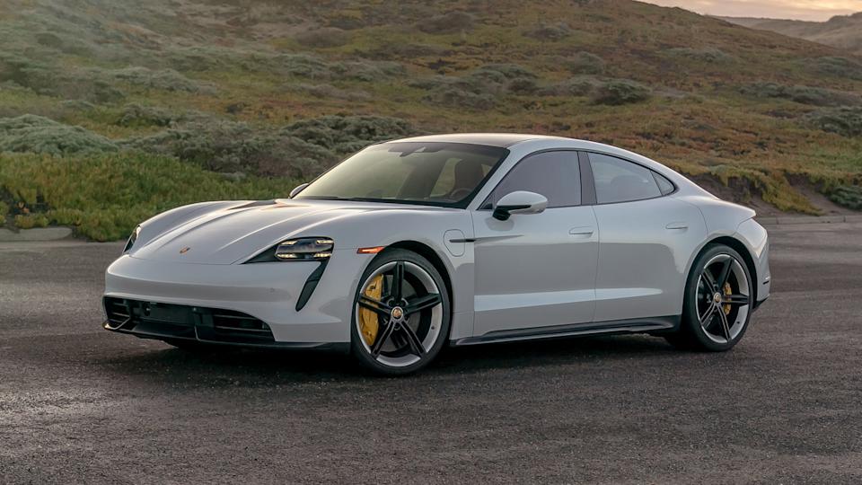 White 2020 Porsche Taycan Turbo S Parked Front 3/4 View