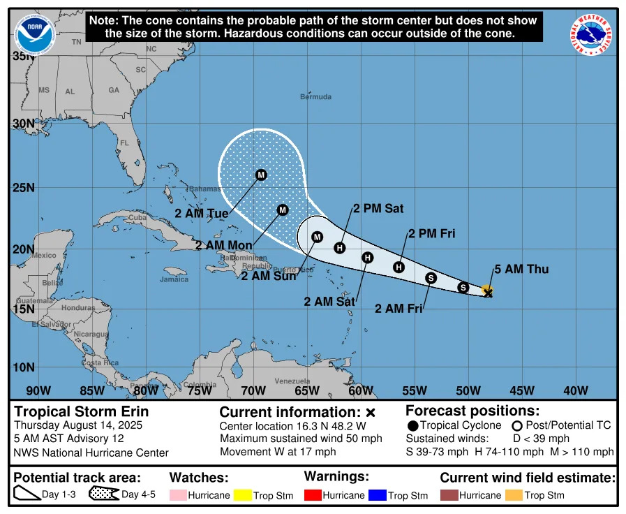 Tropical Storm Erin is expected to become a hurricane by Friday, Aug. 15.