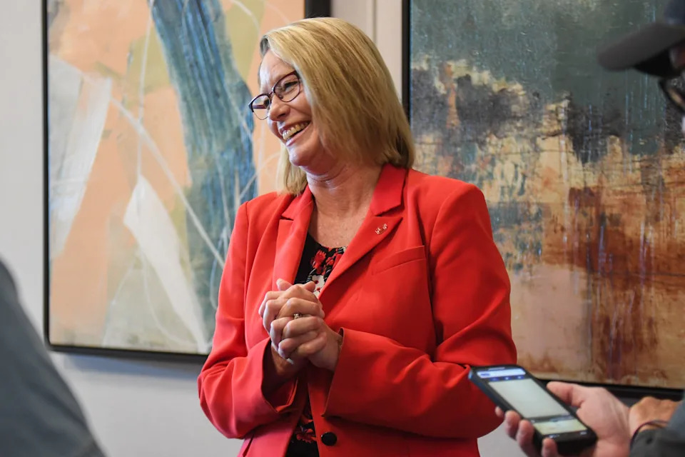 USD President Sheila Gestring speaks with reporters after the Sanford School of Medicine announcement on Thursday, Aug. 14, 2025, at Canopy by Hilton in Sioux Falls.