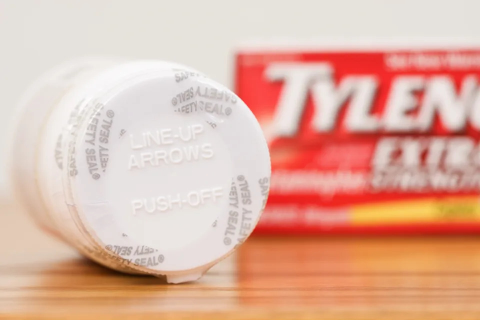 Tylenol bottle cap with alignment arrows and "Push-Off" text for opening