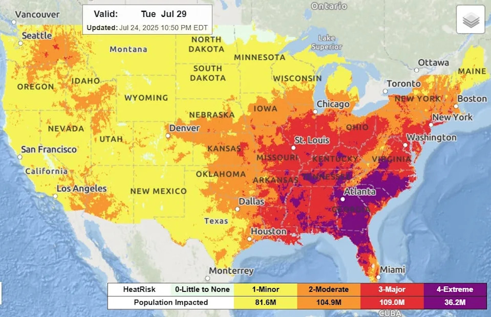 This National Oceanic and Atmospheric Administration graphic illustrates its heat risk forecast for July 28, 2025.