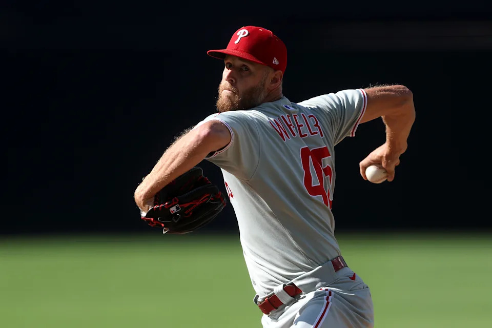 SAN DIEGO, CALIFORNIA - JULY 12: Zack Wheeler #45 of the Philadelphia Phillies pitches during the first inning of a game against the San Diego Padres at Petco Park on July 12, 2025 in San Diego, California. (Photo by Sean M. Haffey/Getty Images)