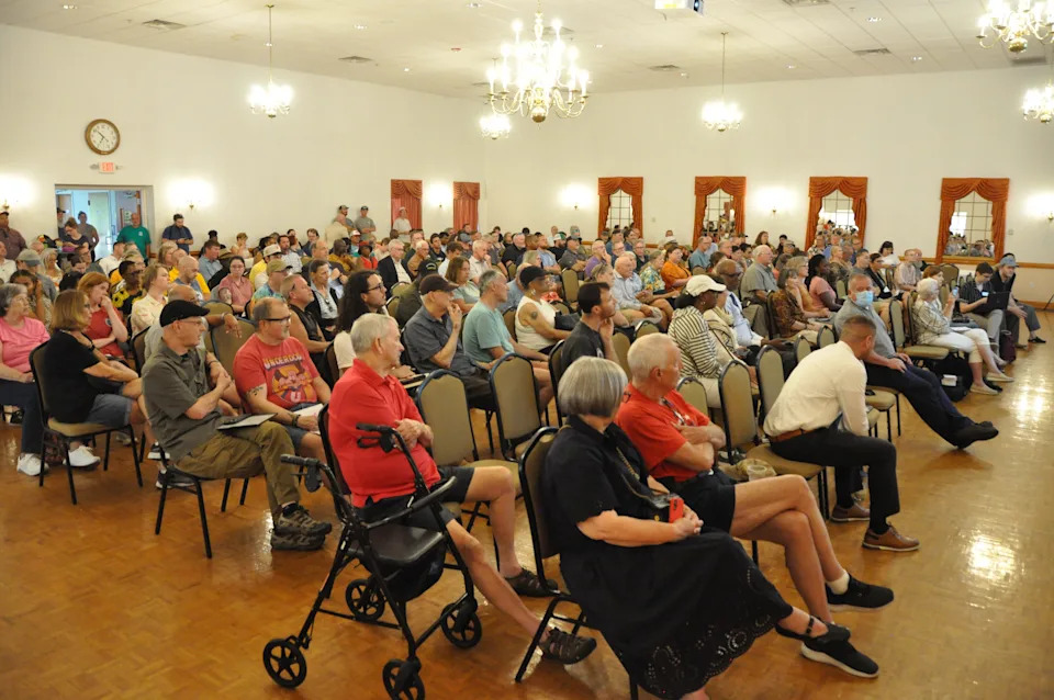 The audience fills the Delaware City Fire Hall during the meeting on July 24, 2025 about the proposal for a 6-million-square-foot data center northwest of Delaware City.