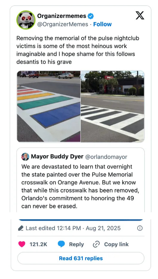 Meme image on Pulse nightclub memorial removal with colorful crosswalk, a statement about shame, and a supportive tweet from Mayor Buddy Dyer