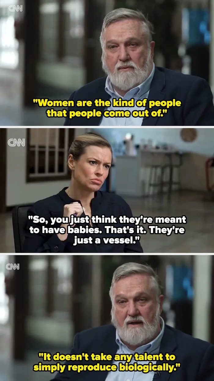 A man and a woman are in a conversation on CNN. He states that women are for reproduction, and she challenges his view, emphasizing their roles beyond that