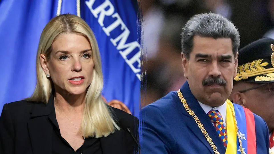 A split image of Attorney General Pam Bondi and Venezuelan President Nicolas Maduro.
