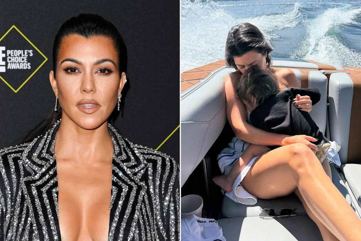 Jon Kopaloff/FilmMagic; Kourtney Kardashian/Instagram Kourtney Kardashian, Kourtney Kardashian and son Rocky on a boat.