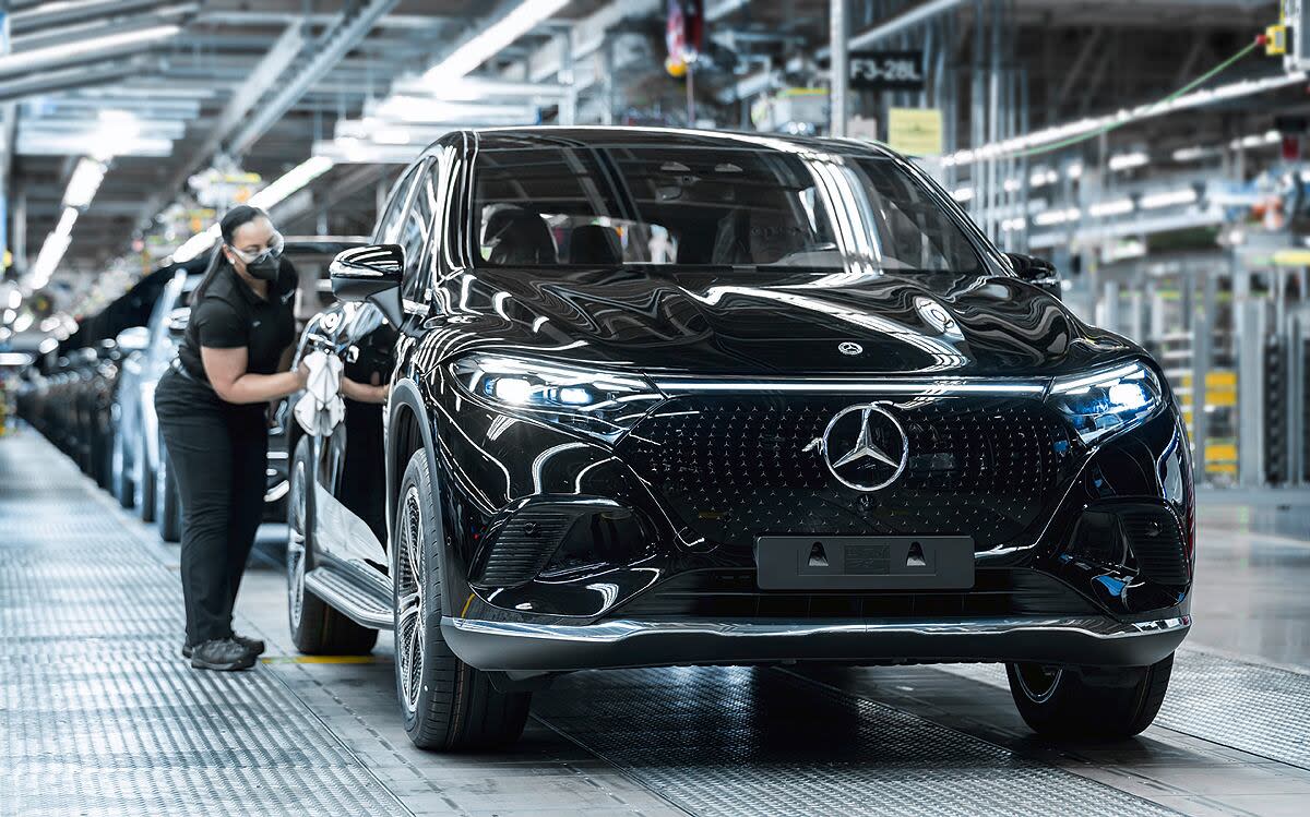 Mercedes-Benz builds the EQS SUV, shown, and EQE crossover in Vance, Ala. Production of the EVs for the U.S. will stop Sept. 1, but Mercedes will continue to build them for export.