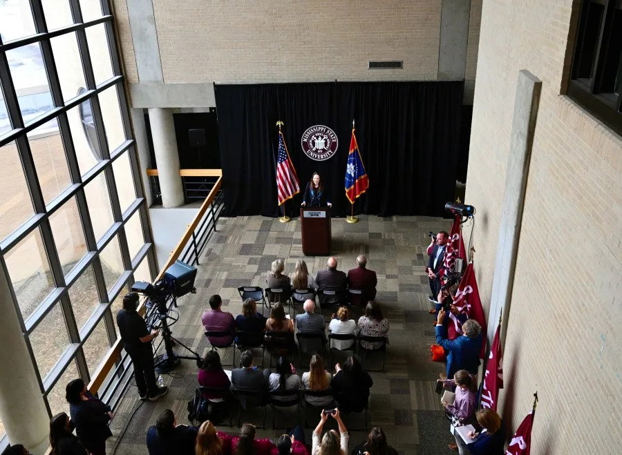 U.S. Secretary of Agriculture Brooke Rollins is pictured during her Aug. 28 visit to Mississippi State University while holding a press conference at MSU’s College of Veterinary Medicine. (Photo by Emily Grace McCall via MSU)