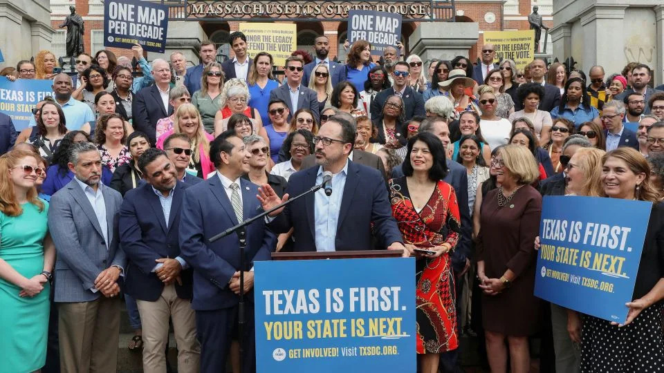Texas Sen. Jose Menendez speaks, as Cemocratic lawmakers from Texas hold a press conference in Boston, Massachusetts on Wednesday. - Lauren Owens Lambert/Reuters