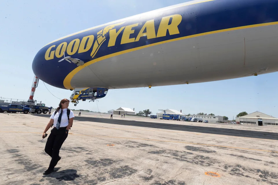 Goodyear Blimp pilot Faith Rascon-Ryn keeps a safe distance from the Goodyear Blimp as she offers media members an upclose look at the blimp at Topeka Regional Airport on Aug. 5, 2025.