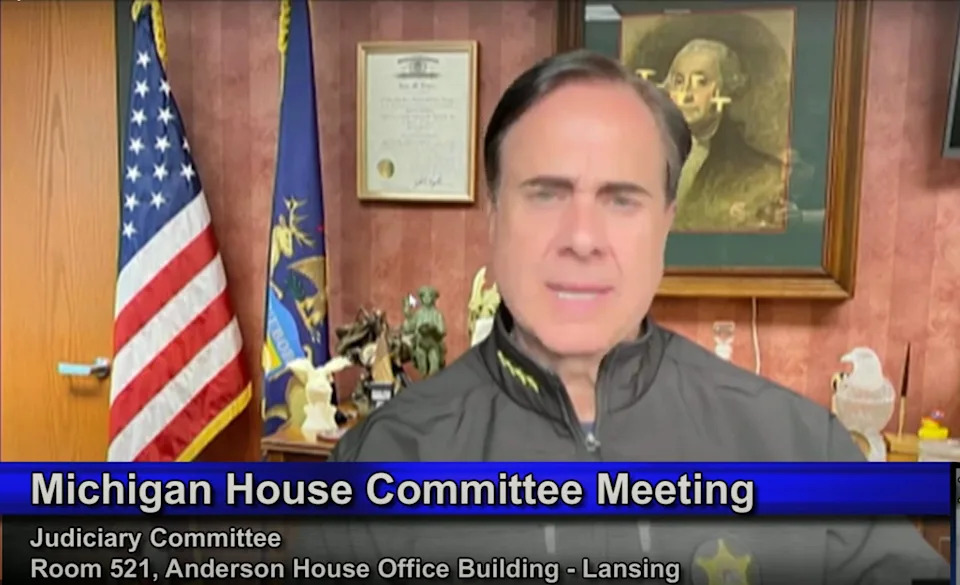  Oakland County Sheriff Michael Bouchard testifying in support of a bill before the House Judiciary Committee to change the current civil infraction for blocking the flow of traffic to a misdemeanor punishable by up to 93 days in jail and up to a $5,000 fine, or both. Aug. 20, 2025 | Screenshot