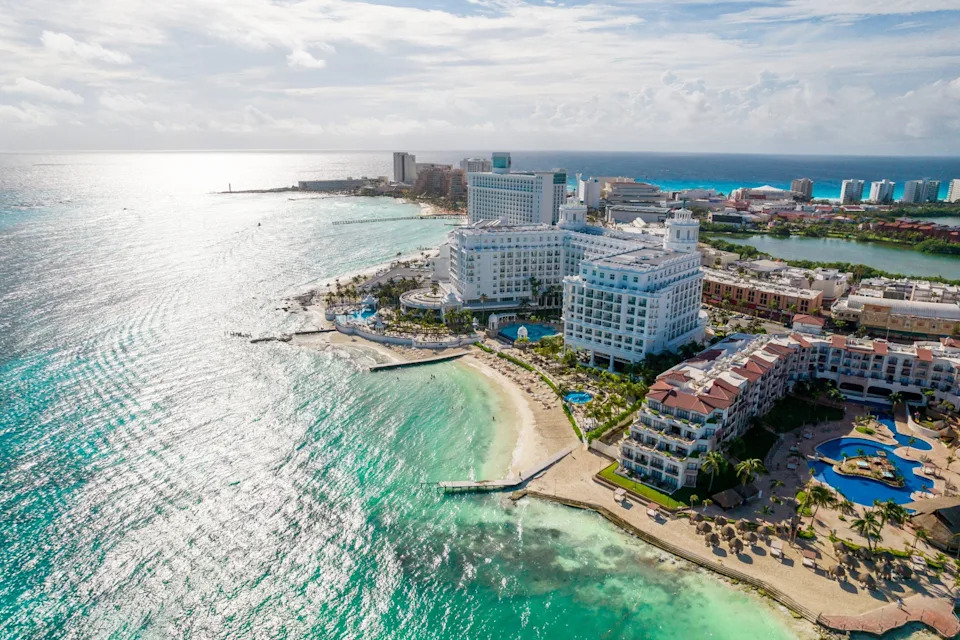 Aerial panoramic view of Cancun city beaches on sunny day
