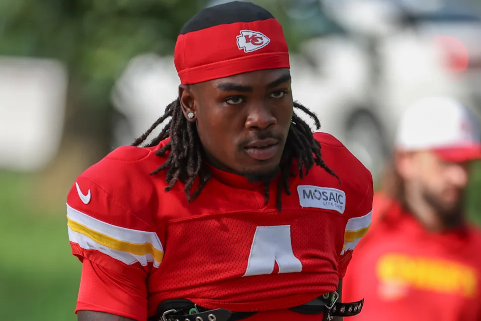 ST. JOSEPH, MO - AUGUST 12: Kansas City Chiefs wide receiver Rashee Rice (4) walks to the field before the start of practice during training camp on August 12, 2025 at Missouri Western State University in St. Joseph, MO. (Photo by Scott Winters/Icon Sportswire via Getty Images)