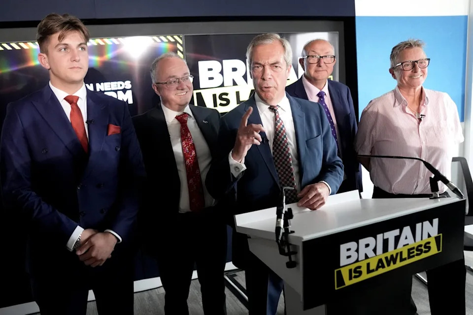 Reform UK party leader Nigel Farage and (from left) George Finch, leader of Warwickshire County Council; Rupert Matthews, police and crime commissioner for Leicestershire; Colin Sutton, Reform’s policing and crime adviser; and former prison governor Vanessa Frake-Harris, the party’s new justice adviser (PA Wire)