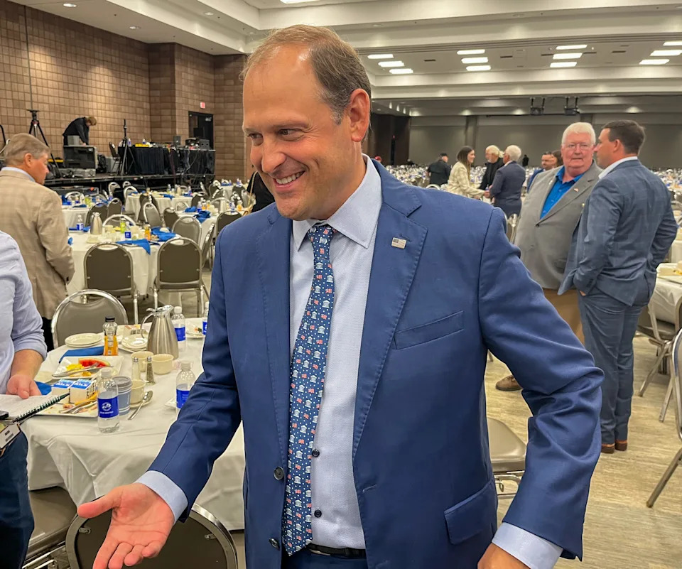  U.S. Rep. Andy Barr speaks to reporters after the Kentucky Farm Bureau Country Ham Breakfast. (Kentucky Lantern photo by McKenna Horsley)