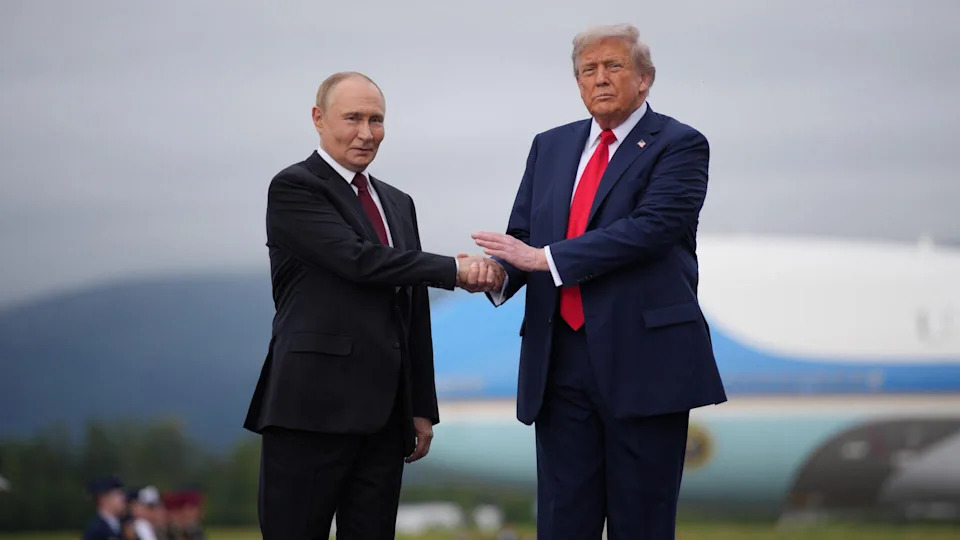 President Trump greets Russian President Vladimir Putin as he arrives at Joint Base Elmendorf-Richardson on Aug. 15, 2025, in Anchorage, Alaska. / Credit: Andrew Harnik / Getty Images