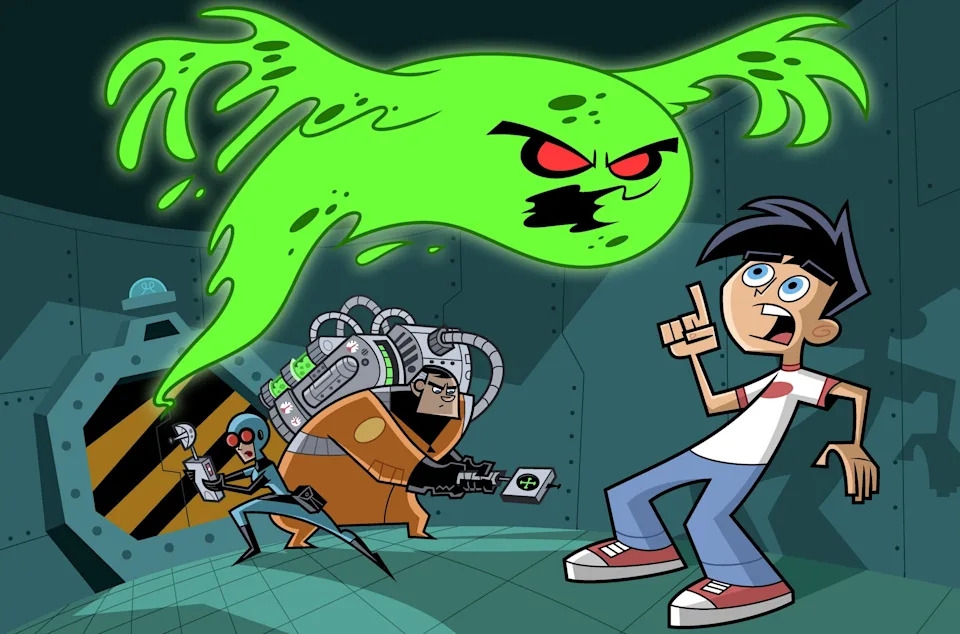 A cartoon boy, looking surprised, encounters a large green ghost. Two people in tech gear, one holding a device, appear ready to confront the ghost