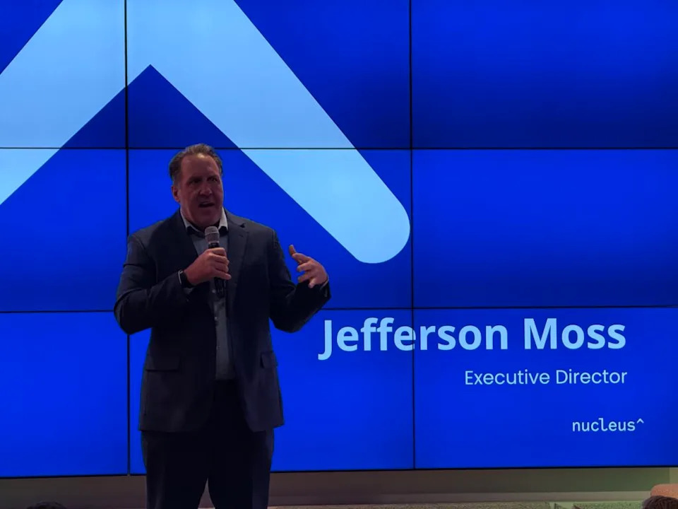 Jefferson Moss, director of the Utah Governor’s Office of Economic Opportunity and the Nucleus Institute speaks at the launch of the Nucleus Institute on Aug. 27, 2025 (Alixel Cabrera/Utah News Dispatch)
