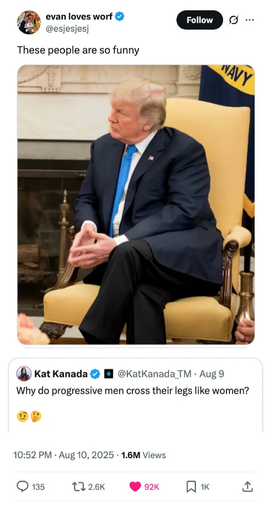 A man sitting with crossed legs in a formal setting, wearing a suit, looking sideways. The post comments on this seated posture